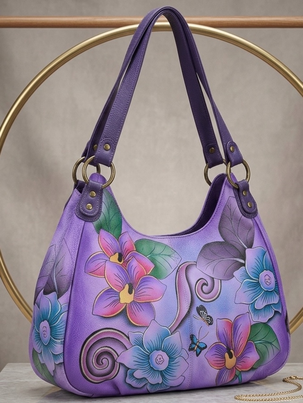 ANUSCHIKA India Purple Leather
Floral‎ Triple Compartment Large Satchel Bag